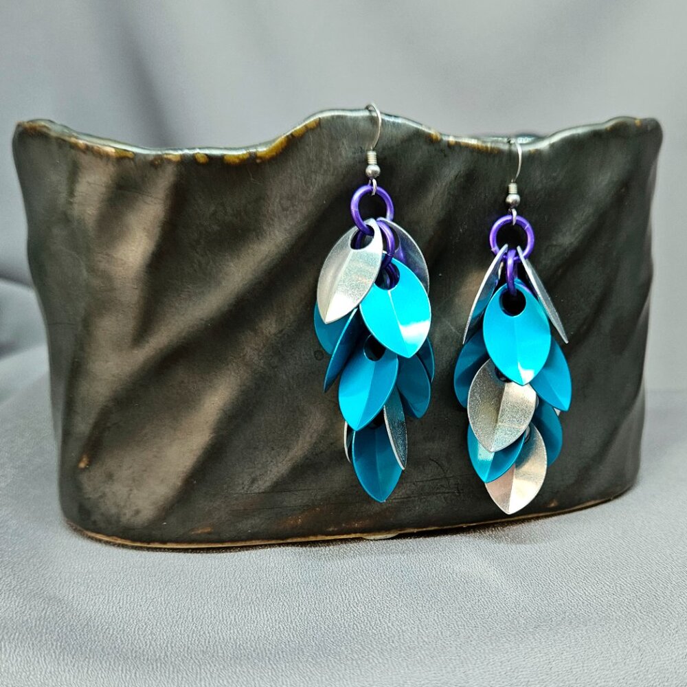 GU Earrings, Teal Anodized and Silver Aluminum Dragon Scales, Handmade - 3"